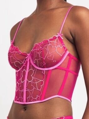 NWT SKIMS Embroidered Tulle Hearts Corset Top Size Large Pink Punch
